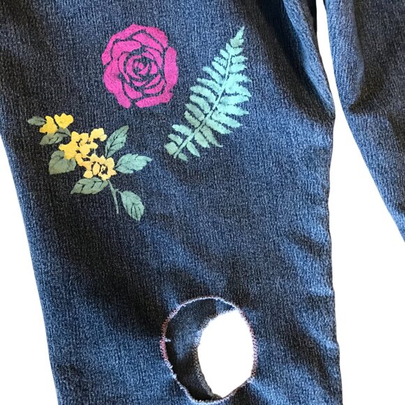 Upcycled Sonoma Jeans w/Cut-Outs, Painted Flower Funky Pants, Size 16 Short - Picture 15 of 15